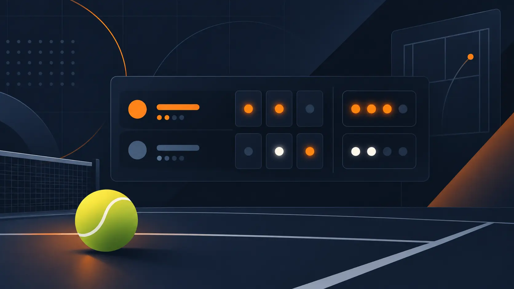 Illustration of a live tennis match tracker showing set and point scores